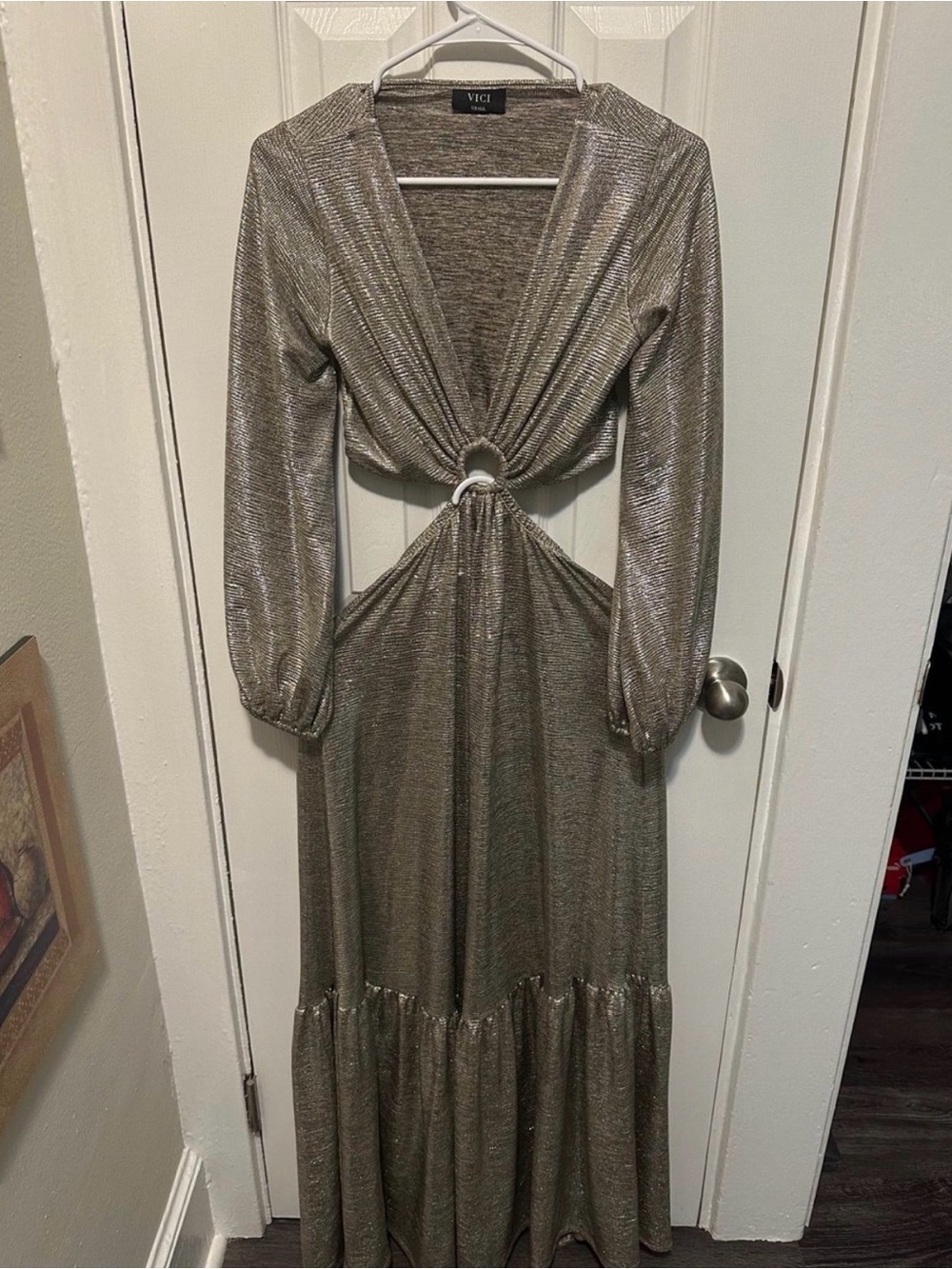 Size S VICI Metallic Gold Ring Cutout Maxi Dress